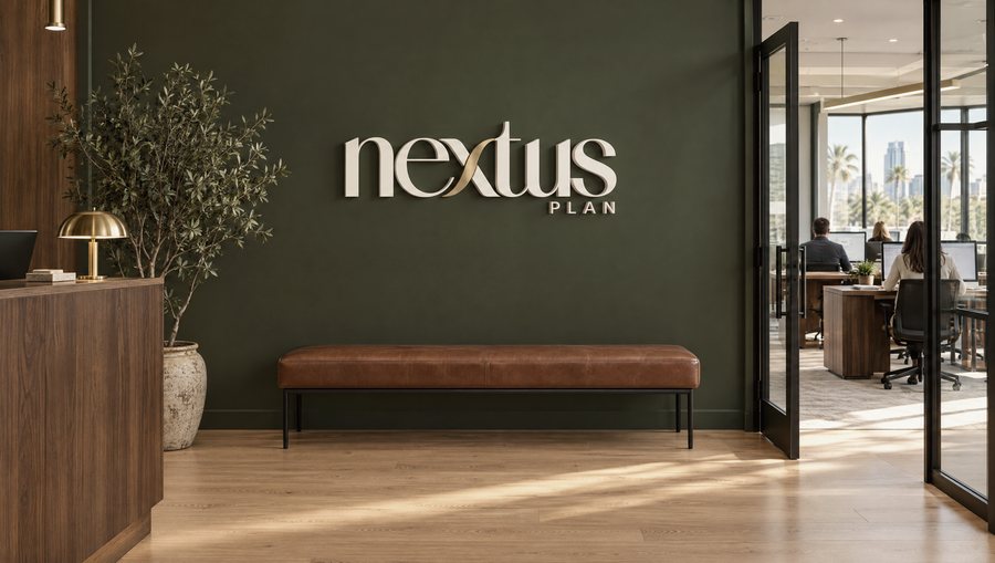 Recepção com o logo da Nextus Plan em letras com volume na parede verde-oliva e a sala de trabalho ao fundo